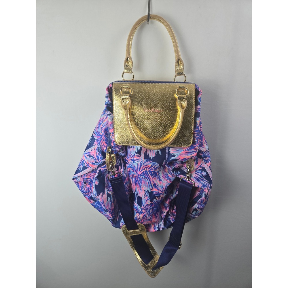 Lilly Pulitzer Tropical Palm Print Travel Bag Gold Metallic Accents Pink Blue